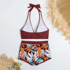 High-Waist Plant Print Bikini Set – Women’s Two-Piece Swimsuit