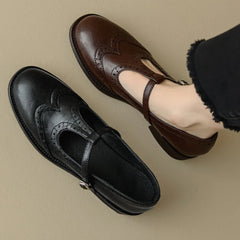 Retro Women's Brogue Leather Shoes Spring round Head Carved Mary Jane Shoes Women Oxfords Women's Shoes Ladies Leather Female
