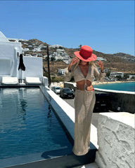 Knit Lace-Up Bell Sleeve Top & Long Skirt Set – Sexy Beach Cover-Up 2025 (K128)