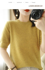 Women’s Short Sleeve Slim Fit Knitted Sweater – Camel & Pink