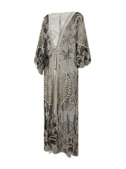 Summer Printed Midi Beach Dress – Women’s 3/4 Sleeve Tie-Up Swimsuit Cover-Up