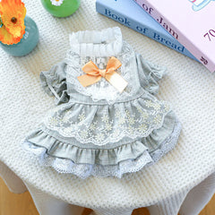 Dog Lace Summer Dress with Puff Sleeves & Bow – Cute Orange Outfit for Small & Medium Dogs