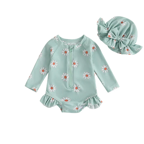 Toddler Girl Floral Rash Guard Swimsuit Set with Hat – Long Sleeve Zipper Bathing Suit