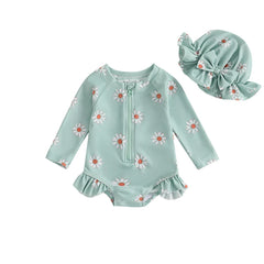 Toddler Girl Floral Rash Guard Swimsuit Set with Hat – Long Sleeve Zipper Bathing Suit