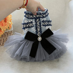 Grey Blue Princess Pet Dress – Autumn/Winter Wedding Outfit for Small & Medium Dogs