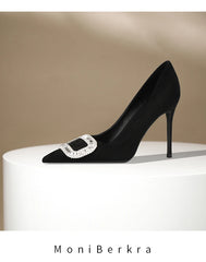 Diamond square buckle black high heels, slim heels, fashionable temperament, suede professional pointed French single shoes