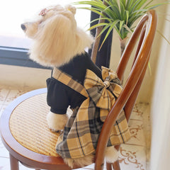 Black & Khaki Plaid Pet Dress – School-Style Dog & Cat Outfit with Bow Tie
