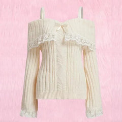 Women’s Off-Shoulder Pink Knit Sweater – Bow Lace Patchwork Pullover