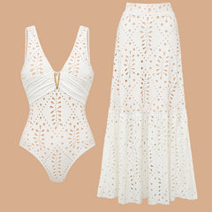 V-Neck Laser Cut Floral Bikini Set – Women’s Solid Color Luxury Swimsuit