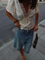 Women’s Lace Patchwork Top – V-Neck Short Sleeve Tee