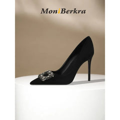 Diamond square buckle black high heels, slim heels, fashionable temperament, suede professional pointed French single shoes