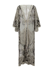 Summer Printed Midi Beach Dress – Women’s 3/4 Sleeve Tie-Up Swimsuit Cover-Up