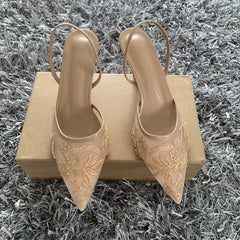 Luxury Brand High Heels Women Sandals Mesh Embroider Elegant Pointed Ladies Slingback Evening Party Wedding Bridal Dress Shoes