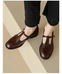 Retro Women's Brogue Leather Shoes Spring round Head Carved Mary Jane Shoes Women Oxfords Women's Shoes Ladies Leather Female
