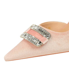 Velvet Pointed Toe Hollow Pumps – Crystal Buckle Thin High Heels (Purple)