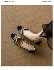 Women's high heels knitted breathable square heel beautiful princess non slip rubber sole comfortable shoes 2024 new model