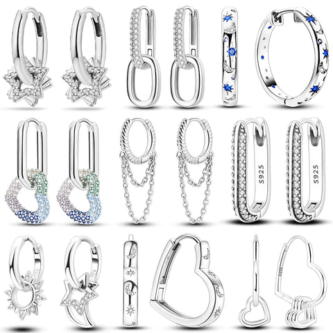 925 Silver Hoop Earrings for Women – Zircon Heart & Star Drops