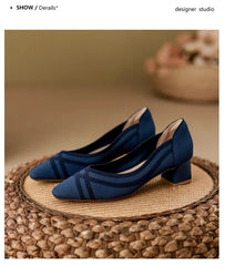 Women's high heels knitted breathable square heel beautiful princess non slip rubber sole comfortable shoes 2024 new model