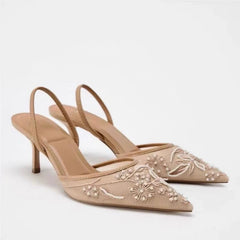 Luxury Brand High Heels Women Sandals Mesh Embroider Elegant Pointed Ladies Slingback Evening Party Wedding Bridal Dress Shoes