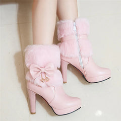 2025 New Fashion Womens Winter High Heel Boots Pink White Black Fur Tassel Bowtie Lovely Lolita Ladies Party Wedding Shoes