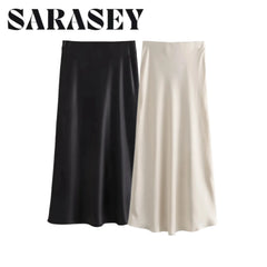 Women’s Satin High Waist Midi Skirt — Black & White