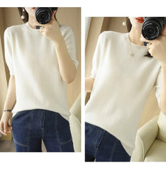 Women’s Short Sleeve Slim Fit Knitted Sweater – Camel & Pink