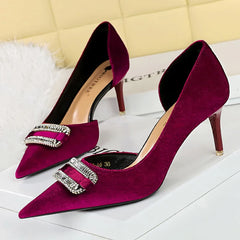 Velvet Pointed Toe Hollow Pumps – Crystal Buckle Thin High Heels (Purple)