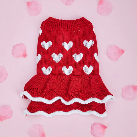 Dog Heart Sweater Dress – Warm Knitwear Pullover for Small & Medium Dogs