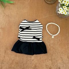 Summer Striped Dog Dress – Bow Collar Outfit for Small Dogs, Black & White Pet Clothes