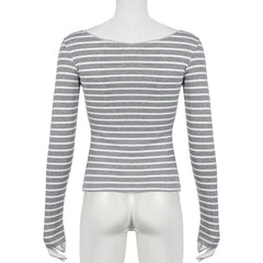 Women’s Japanese Stripe Long Sleeve Tee – Slim Off-Shoulder Y2K Top