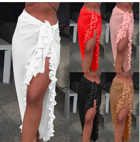 Ruffle Long Sarong Skirt – Solid Bikini Cover-Up Beach Wrap (5 Colors)