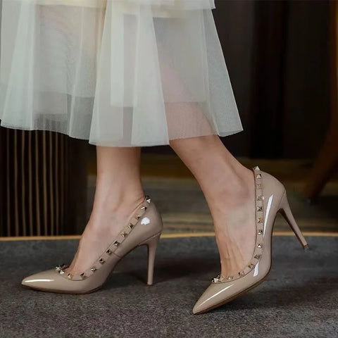 womens autumn new fashion rivet designer solid color pointed stilettos outdoor slip-on casual party womens low-top shoes Zapatos