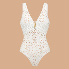 V-Neck Laser Cut Floral Bikini Set – Women’s Solid Color Luxury Swimsuit