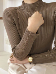 Women’s Knitted Turtleneck Sweater – Slim Button Pullover