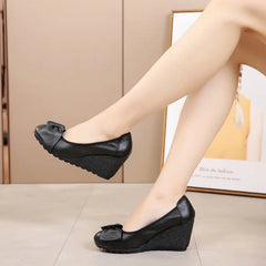 Genuine Leather 7cm High Heels Women Wedge Shoes Elegant Ladies Pure Black Beige Soft Comfortable