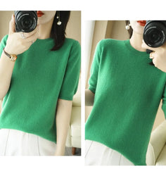 Women’s Short Sleeve Slim Fit Knitted Sweater – Camel & Pink