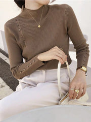 Women’s Knitted Turtleneck Sweater – Slim Button Pullover