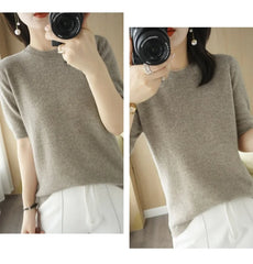 Women’s Short Sleeve Slim Fit Knitted Sweater – Camel & Pink