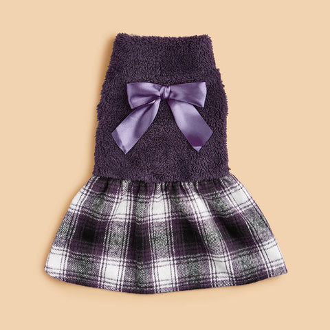 Plaid Dog Dress – Warm Bowknot Costume for Small Dogs & Cats