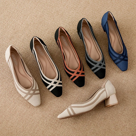 Women's high heels knitted breathable square heel beautiful princess non slip rubber sole comfortable shoes 2024 new model