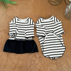 Summer Striped Dog Dress – Bow Collar Outfit for Small Dogs, Black & White Pet Clothes