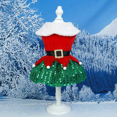 Christmas Dog Dress – Red Belt & Sequin Skirt Holiday Outfit