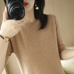 Women’s Short Sleeve Slim Fit Knitted Sweater – Camel & Pink
