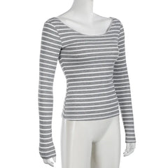 Women’s Japanese Stripe Long Sleeve Tee – Slim Off-Shoulder Y2K Top