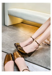 Slope heel, fish mouth, empty sandals, patent leather ankle buckle strap, stylish, sexy, shallow mouth,comfortable women's shoes