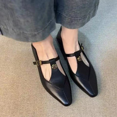 2025 New Vintage Women's Leather Mary Jane Pumps - Pointed-Toe Gold Floral Buckle T-Strap Low Heel Office & Daily Shoes