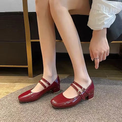 Burgundy Patent Mary Jane Pumps – Double Buckle Vintage Low Block Heels (2025)