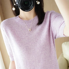 Women’s Short Sleeve Slim Fit Knitted Sweater – Camel & Pink