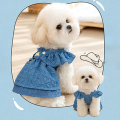 Denim Dog Dress 👗 Summer Blue Outfit with Leash Ring for Small Dogs & Cats
