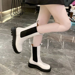 Black Ladies Boots Elegant with Low Heels Shoes for Women Chelsea Mid Calf Half High Footwear Spring Autumn Sale Quality 2025 Pu
